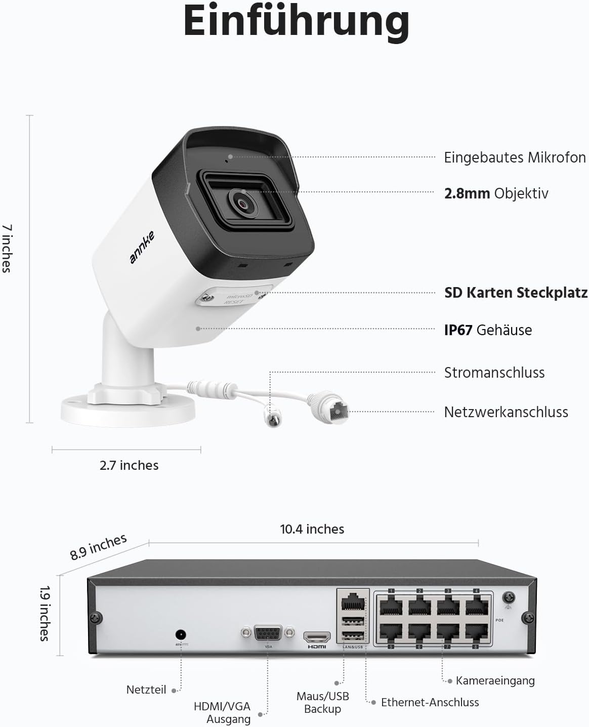 ANNKE H500 3K PoE Überwachungskamera Set Aussen, 8X 3K PoE Kamera mit Mic, 8CH H.265+ 2TB HDD NVR für 24/7 Videoüberwachung, KI Personen-/Fahrzeugerkennung, IP67 Wasserfest, Farbige Nachtsicht